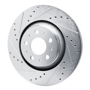 Tesla Model Y Brake Rotor (1) - Rear Left - R1 Concepts - Drilled & Slotted - Silver - `20-`25
